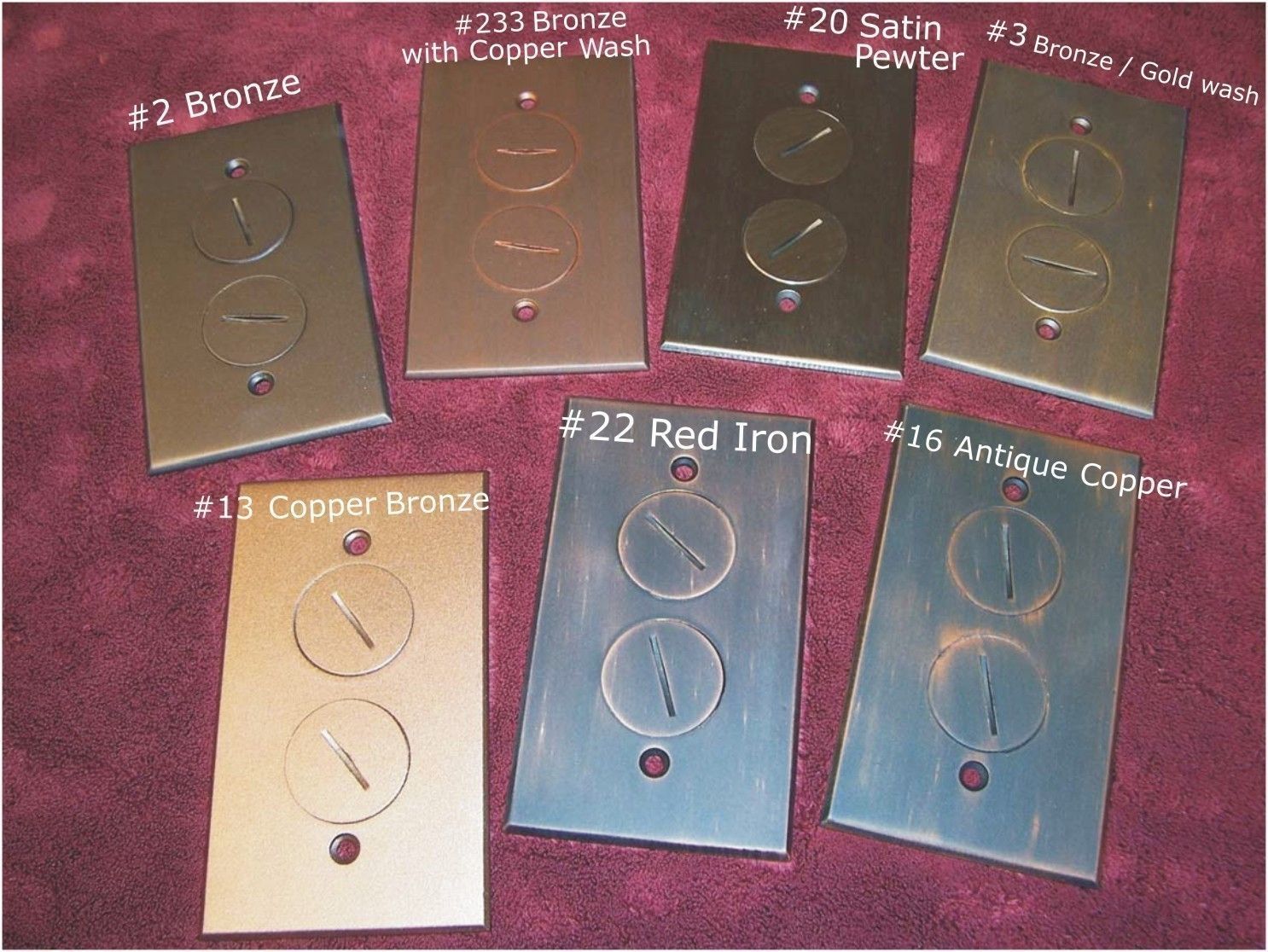 Here are some of our custom 38 finishes we have applied to floor box covers.