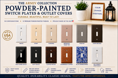 Paintable metal switch plate covers in pre-primed Soft Black and Gray finishes available in 53 electrical configurations – Made in USA by Arnev Products.