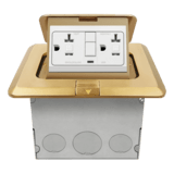 961243-C-GFCI-GD is a 1-gang brass square pop-up floor box with 20 amp GFCI