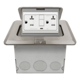 961243-S-GFCI-SV is a1-gang nickel-plated brass square pop-up floor box with 20A tamper-resistant duplex receptacle