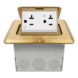 1-gang brass square pop-up floor box with 20A tamper-weather-resistant receptacle