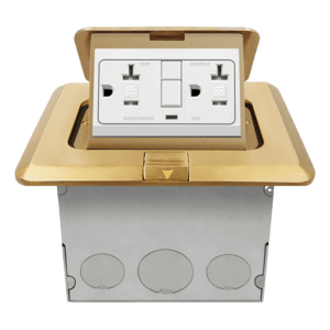 961243-C-GFCI-GD is a 1-gang brass square pop-up floor box with 20 amp GFCI