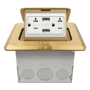 961243-C-USB-GD is a 1-Gang brass square pop-up floor box with USB