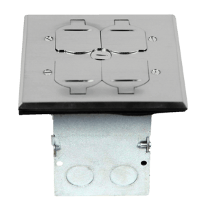 Two-Gang Floor Box Kit. Flip Lid Cover. Two 20A Duplex plugs