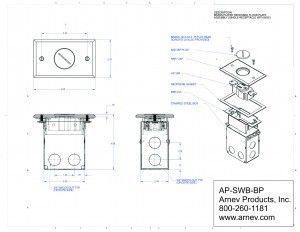 Cut sheet for the AP-SWB-1-BP floor box in plated brass finish