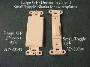 Large GF (Decorator) and toggle style blank inserts for switch plate covers