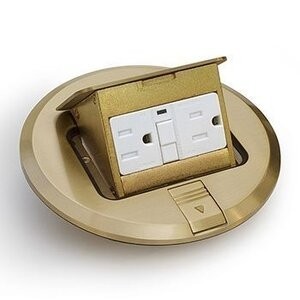 Round pop up floor box with GFCI receptacle