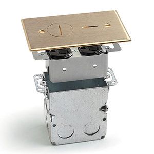 Floor box with two duplex receptacles available in brass or aluminum or custom finishes.