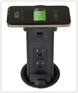 Kitchen Round Pop Up GFCI Outlet, USB-A/C, QI, Black Plastic