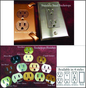 Socketops peel-and-stick in bronze finish as an outlet cover and in stainless steel on a rectangular outlet type