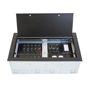 Super couble wide AV floor stage box for concrete or wood floors in many finishes and many connectors available